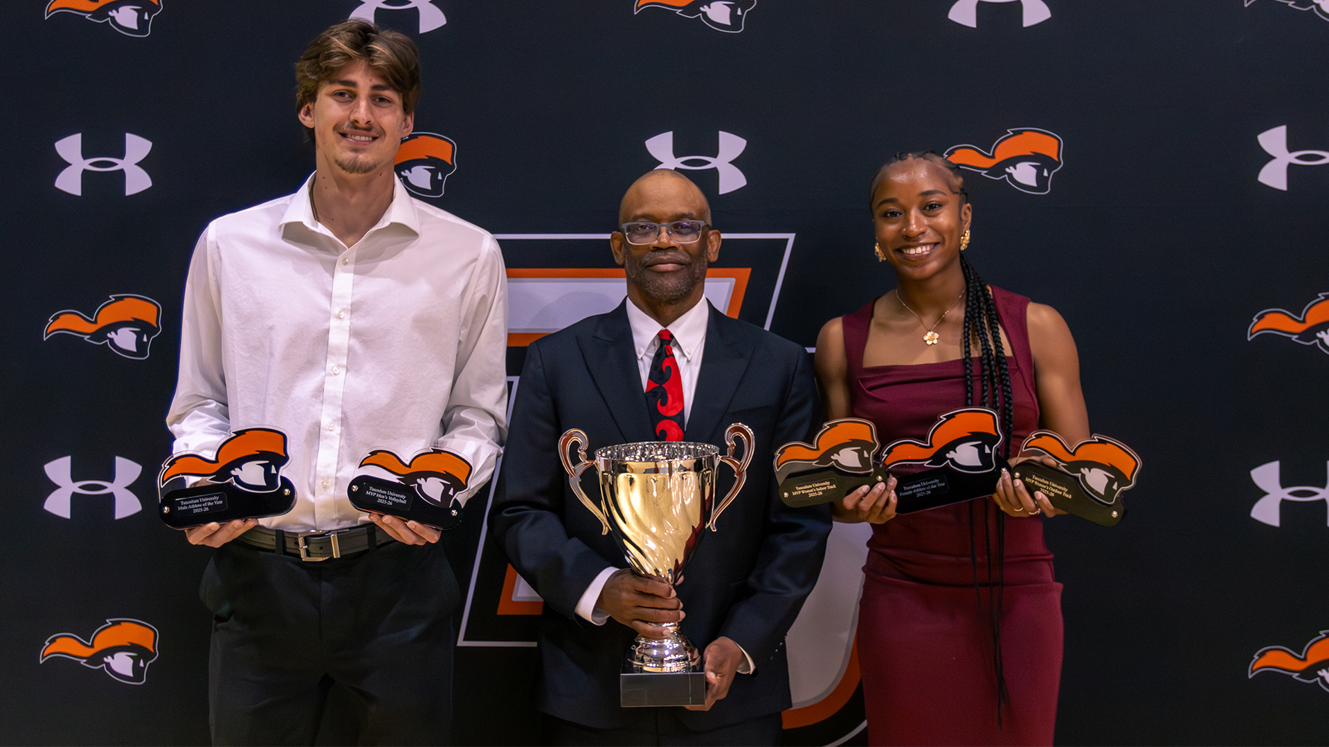2025-26 Athletic Award Winners: (lt-rt) Male Athlete of the Year Morgan Makovec; Art Argauer Coach of the Year Robert T. Williams; Female Athlete of the Year Jahzara Hart (photo by Kari Ham)