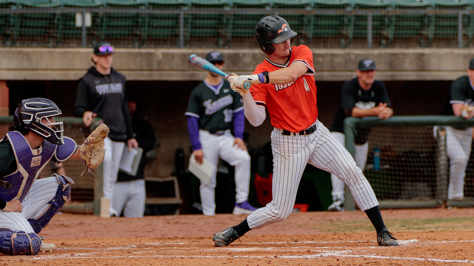 Landon Dockery went 3-for-4 in Tusculum's mid-week game with Trevecca Nazarene (photo by Kari Ham)