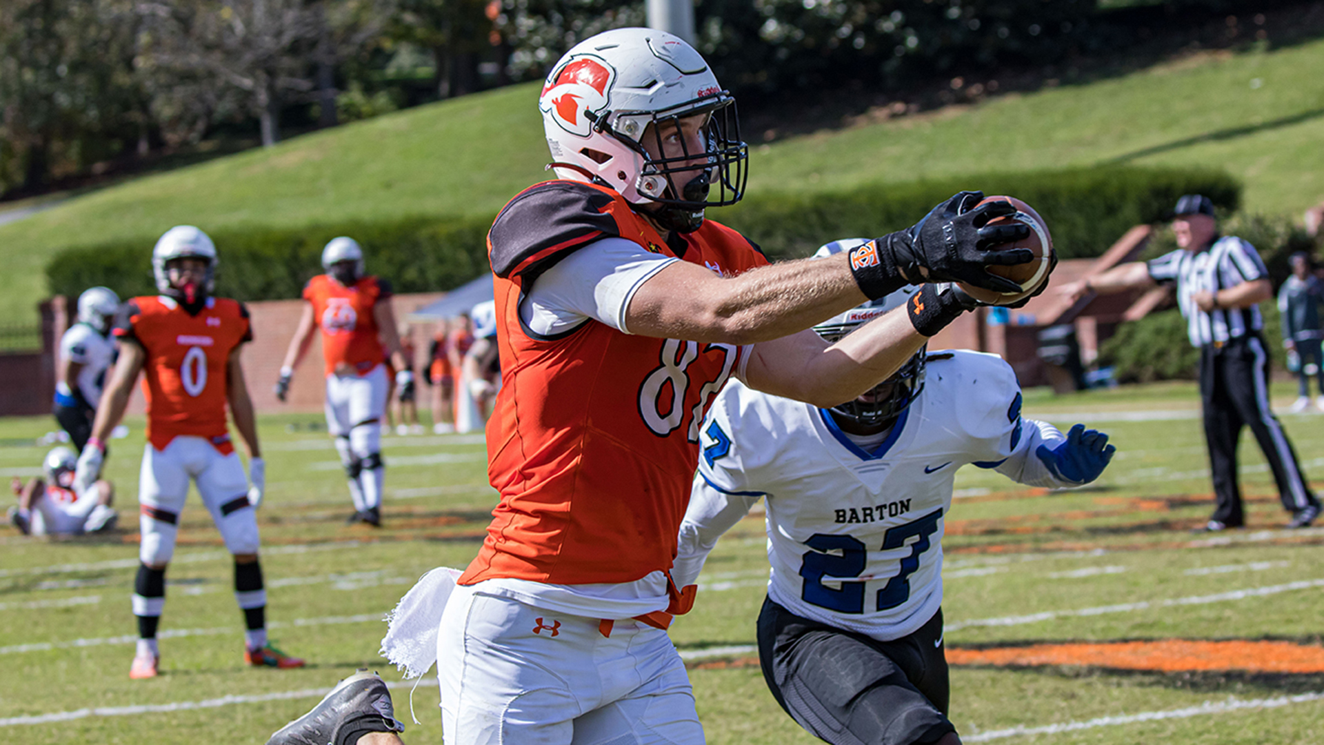 Will Shellenback hauls in a 42-yard touchdown pass from Ivan Corbin to give TU a 27-0 lead over Barton (photo by Chuck Williams)