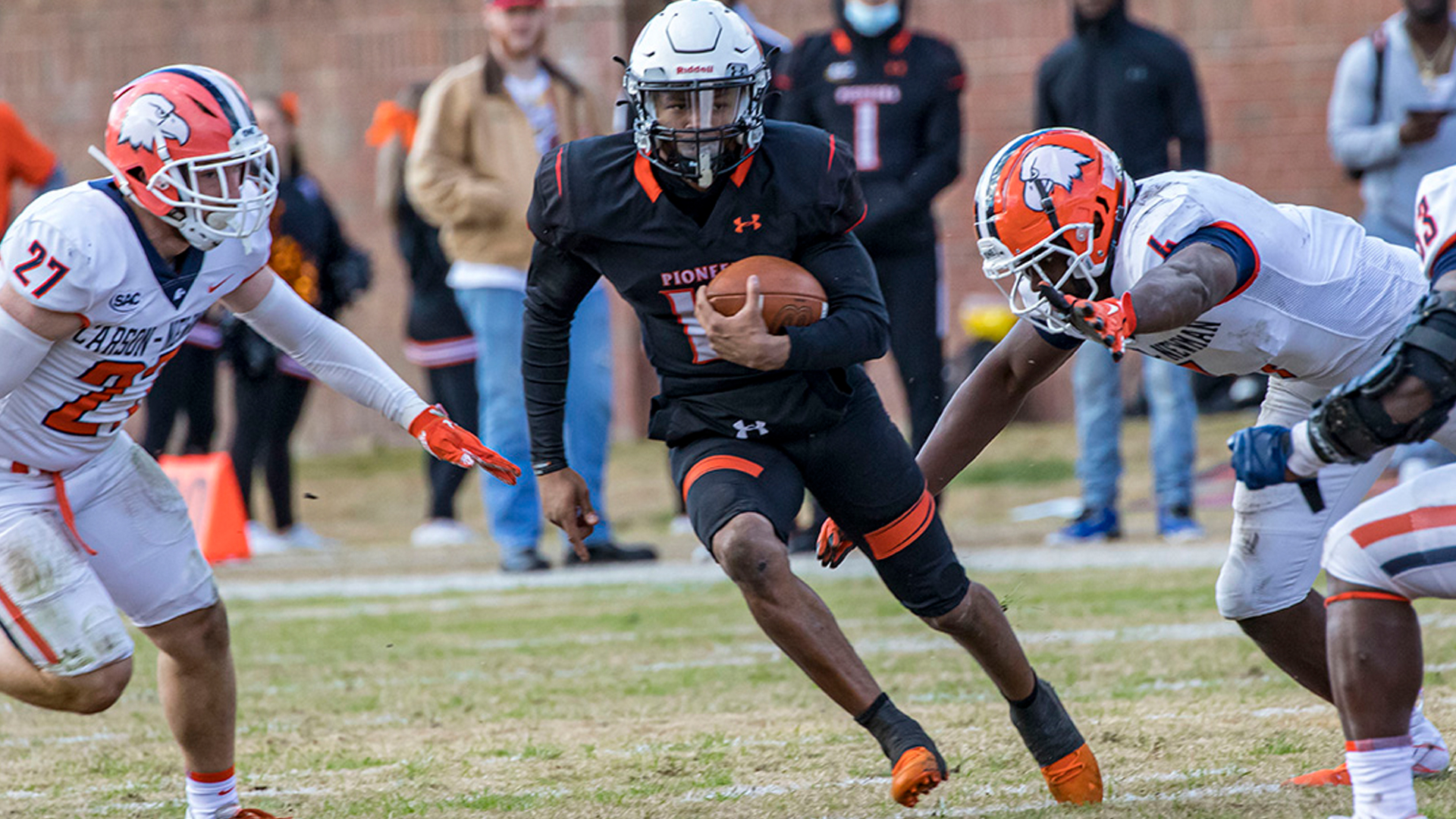 Tre Simmons accounted for 4 touchdowns and 394 total offensive yards in Tusculum's 48-13 win over Carson-Newman (photo by Chuck Williams)