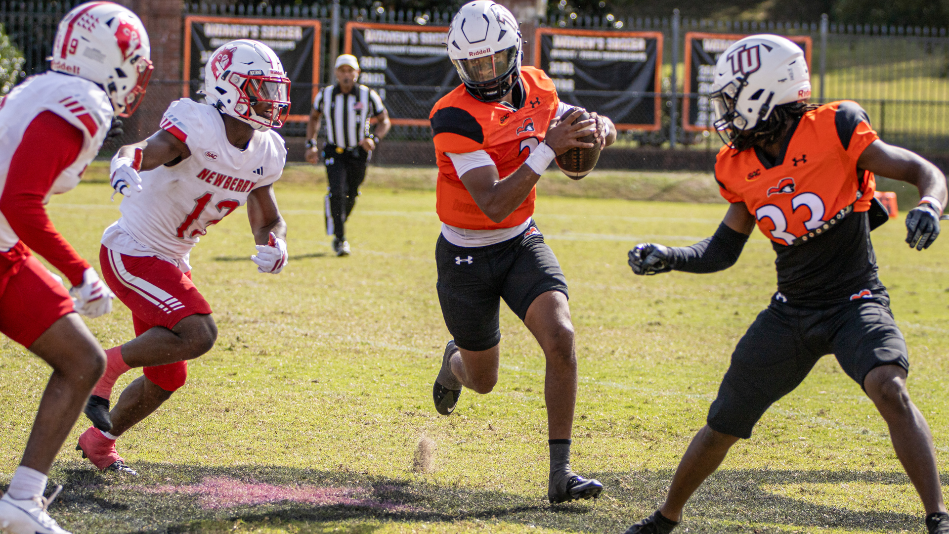 Tusculum quarterback Lavante Adams accounted for four touchdowns in his first TU start in Saturday's game with Newberry (photo by Kari Ham)
