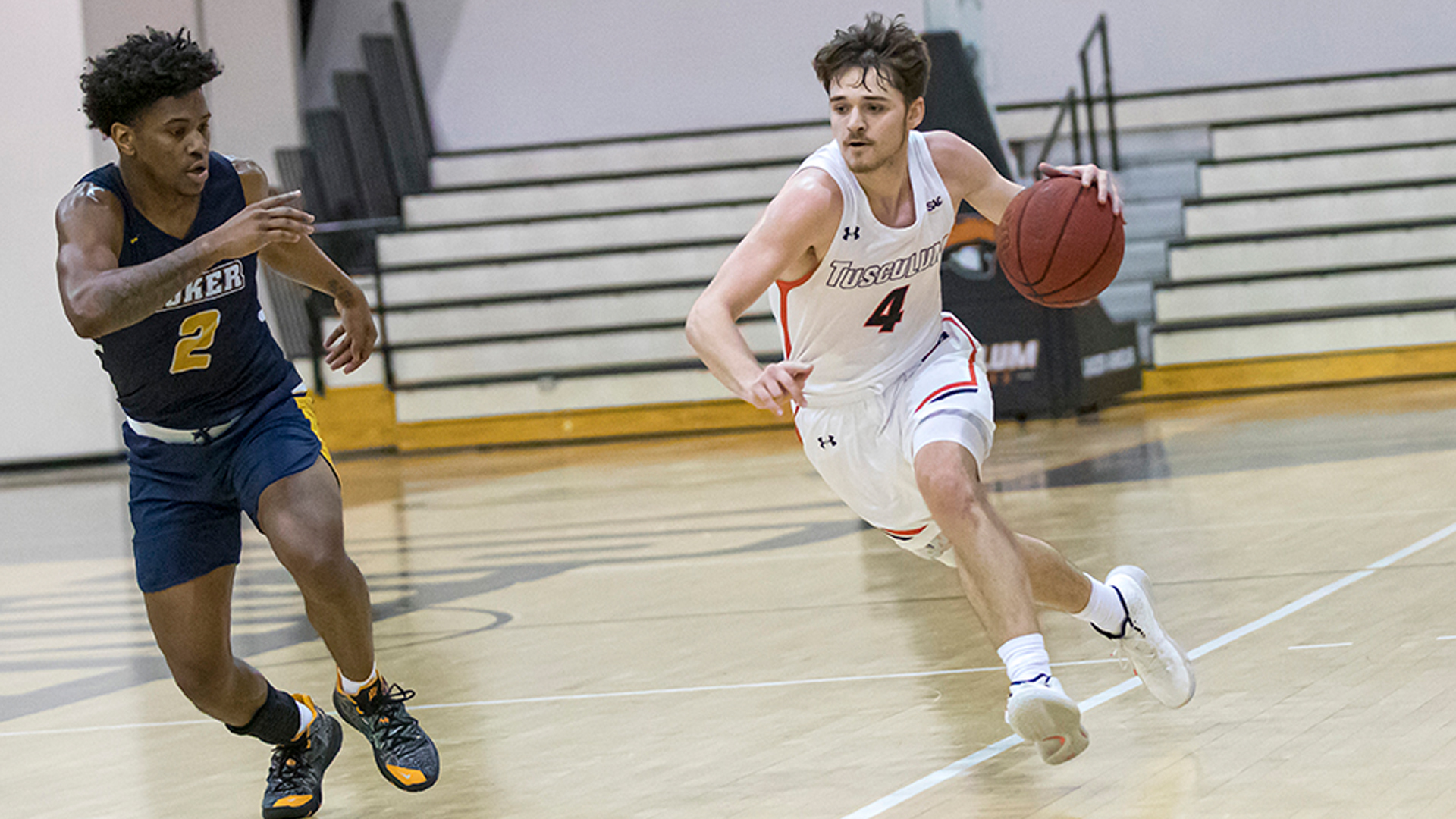 Keaston Brown scored 12 points in Tusculum's 58-50 home win over Coker (Photo by Chuck Williams)
