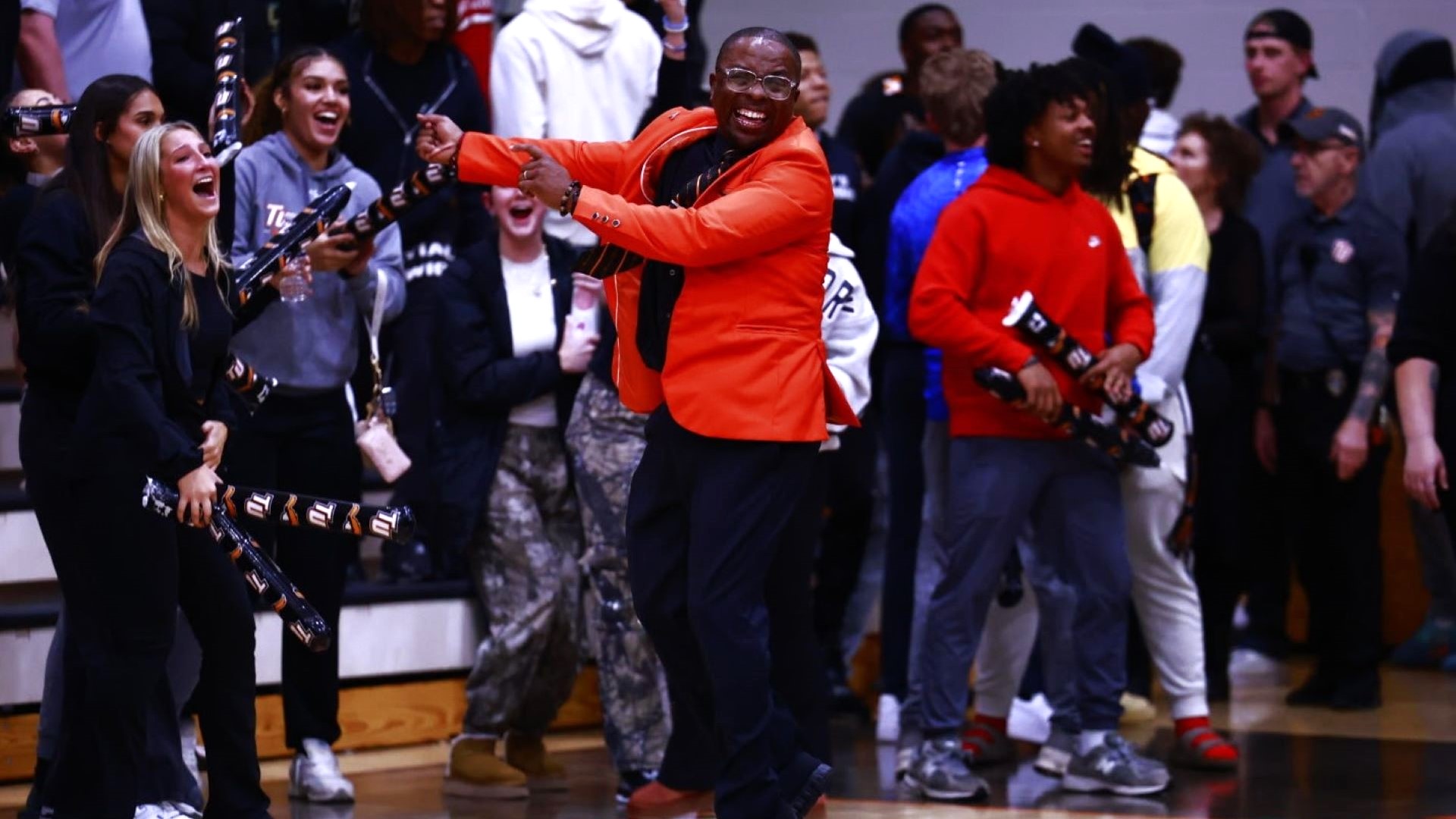 Coach JT Burton celebrates overtime win over Carson-Newman (photo by Alice Lawson)