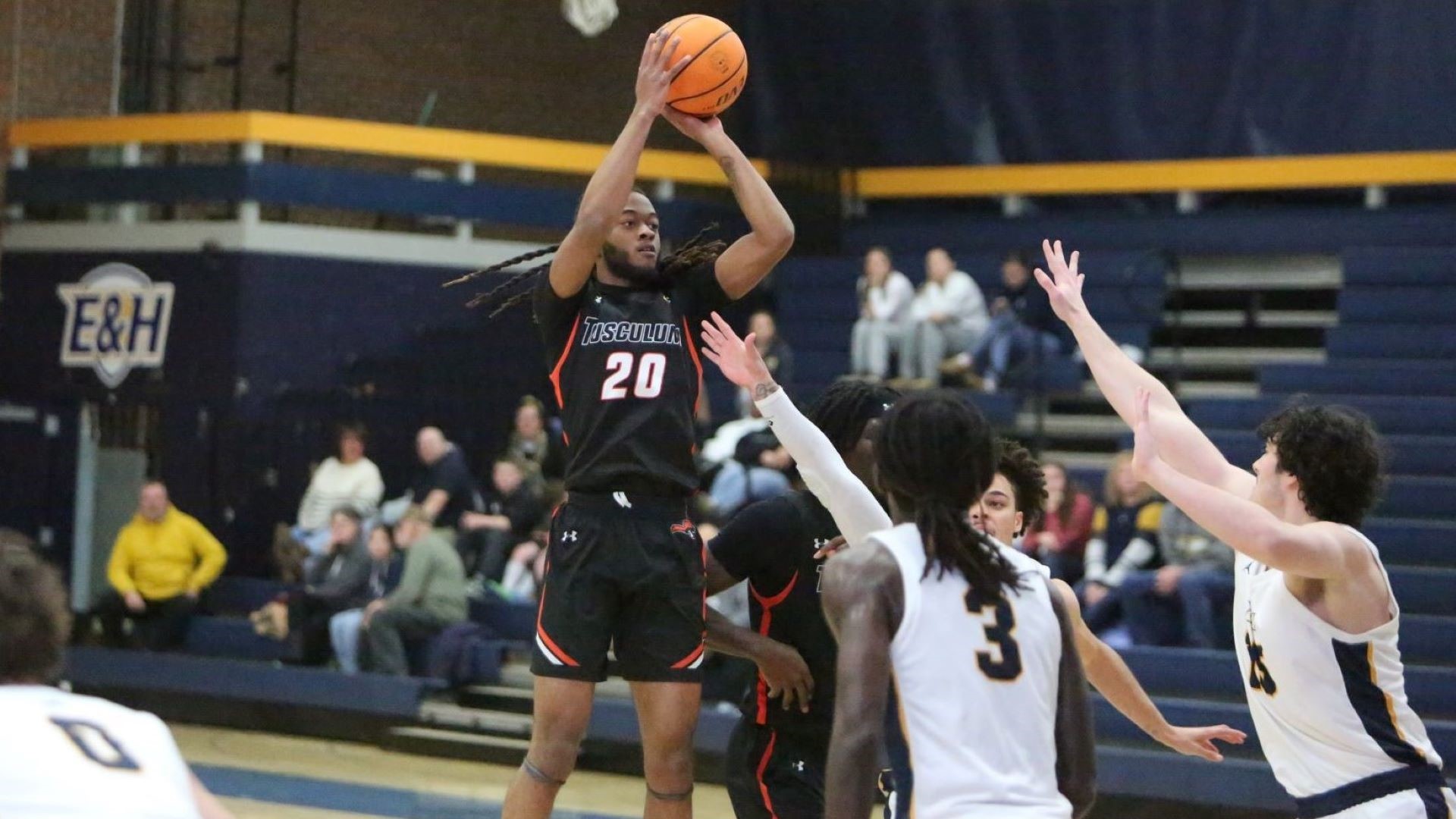 Taj Kimber scored a game-high 25 points in Tusculum's SAC game at Emory & Henry (photo by Dom Donnelly)
