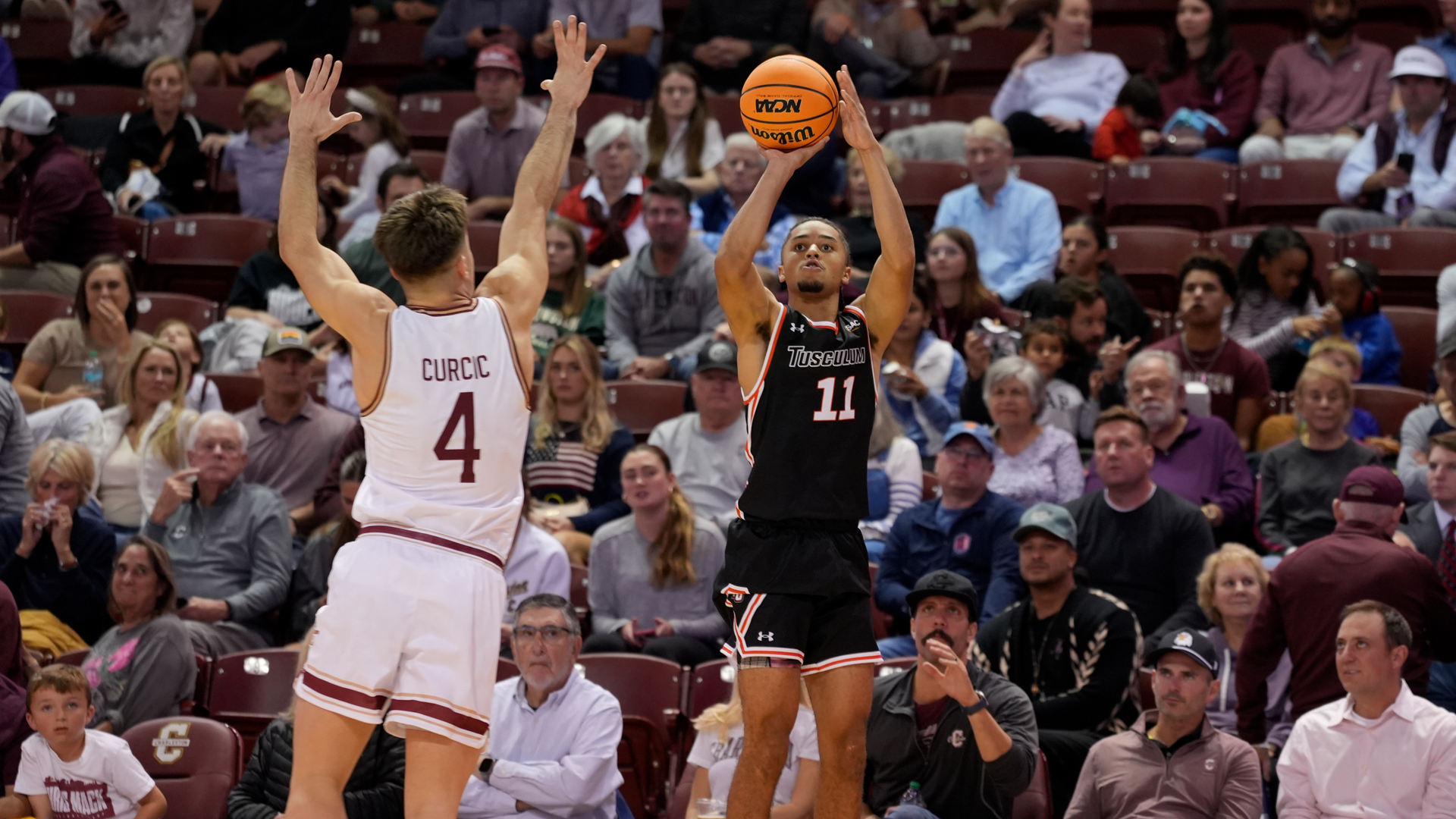 Jordan Attia poured in 10 points in Tusculum's exhibition game at the College of Charleston (photo by Joe Yates).