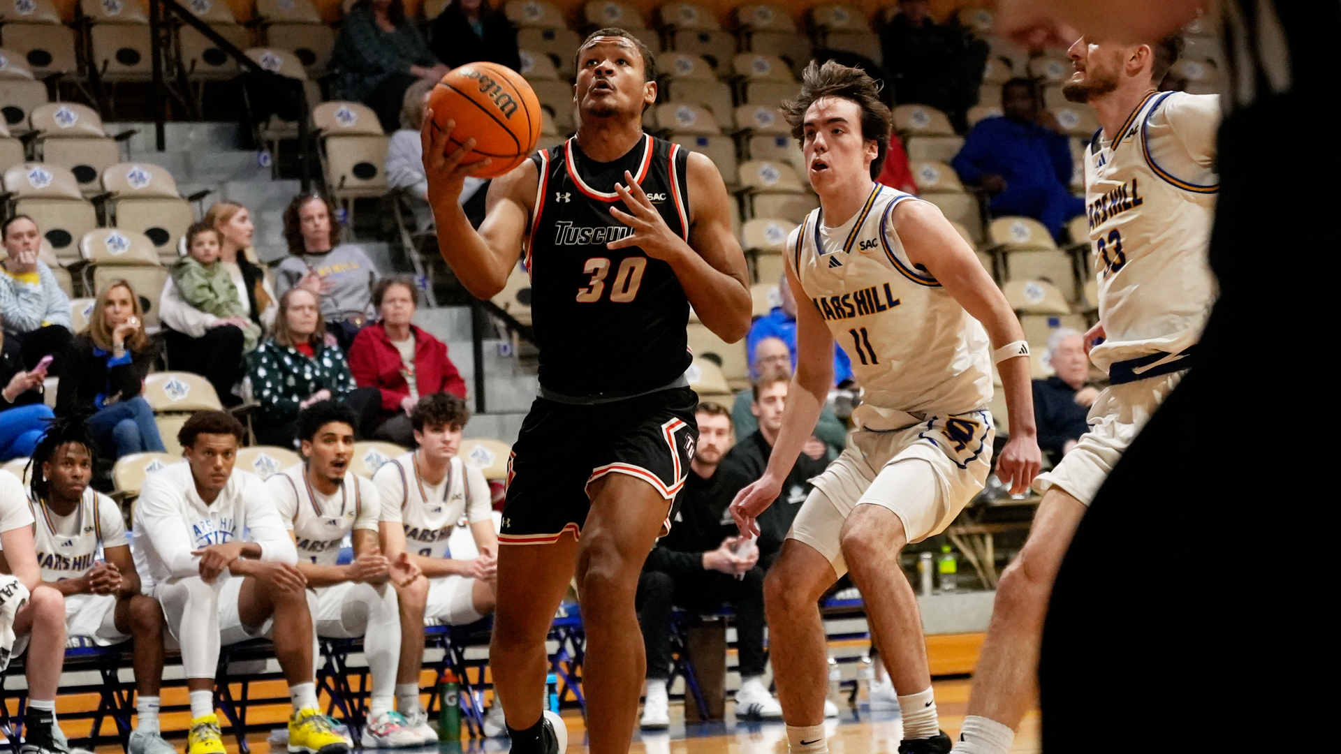Malachi Hale scored 19 points to lead Tusculum to a 77-60 win at Mars Hill (photo by Joe Yates)