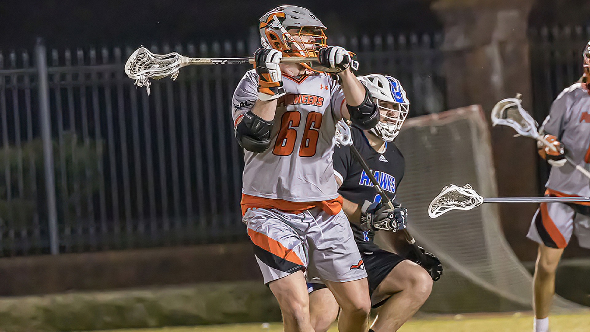 Nate Raymond scored four goals in the Pioneers' 18-2 win over Shorter (photo by Chuck Williams)