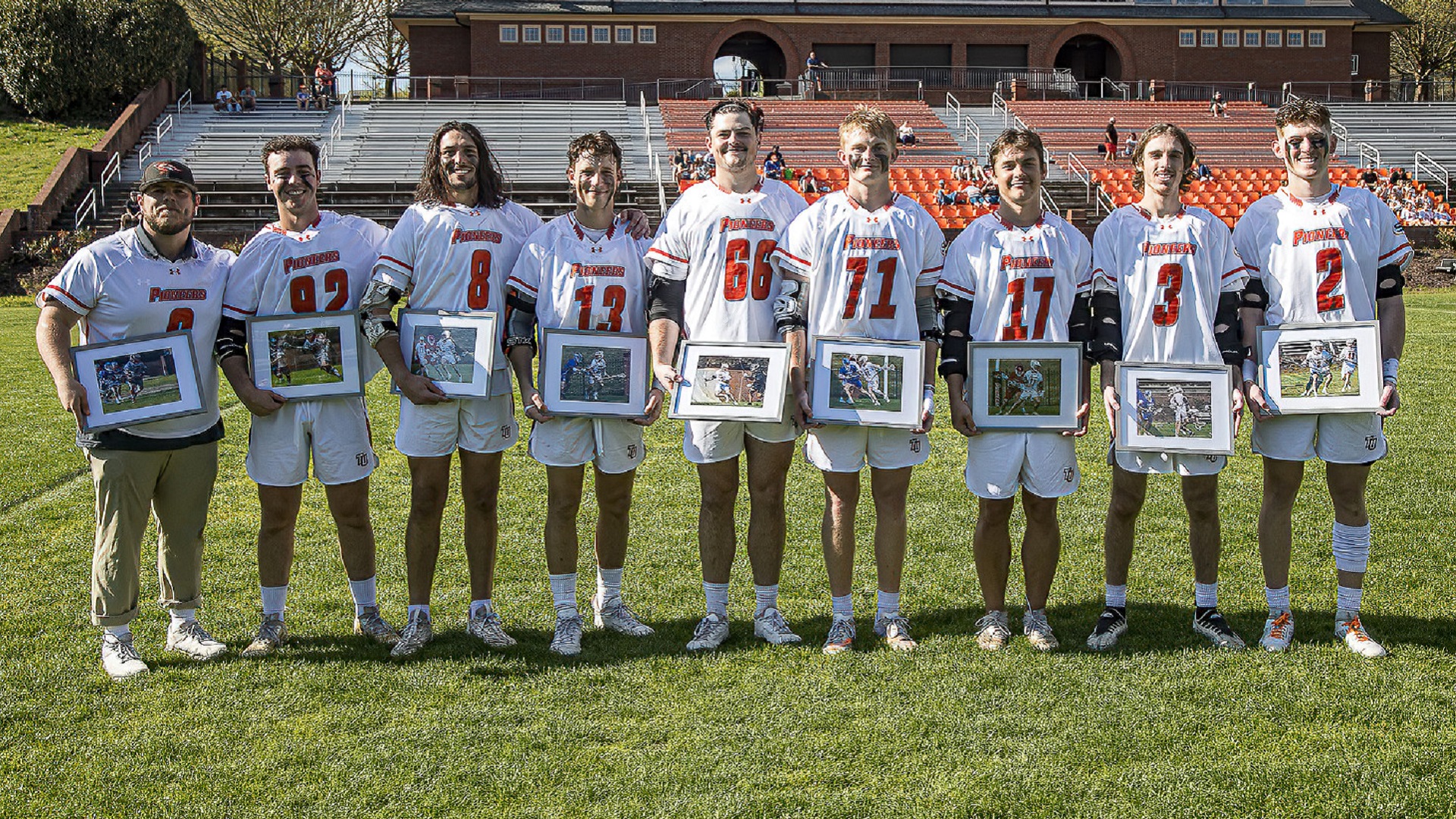 Tusculum seniors (from left) Brent Floyd Jr., Andy Michalski, Sean Dunn, Will Cookman, Nate Raymond, Tristan Kirkham, Jordan Daniel, Aiden Caskey and Tyler Nunenmacher