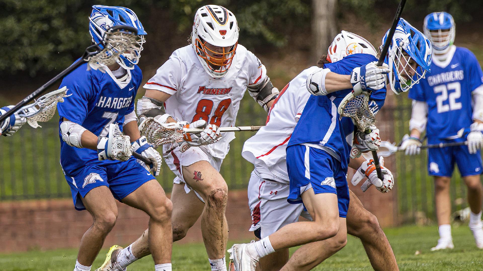 Bauer Swystun, who had a season-high four ground balls, follows the play (photo by Chuck Williams)