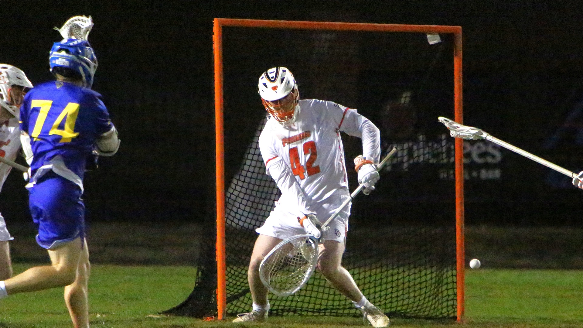 Nick Adams finished with nine saves in goal for the Pioneers (photo by TU Athletic Communications)