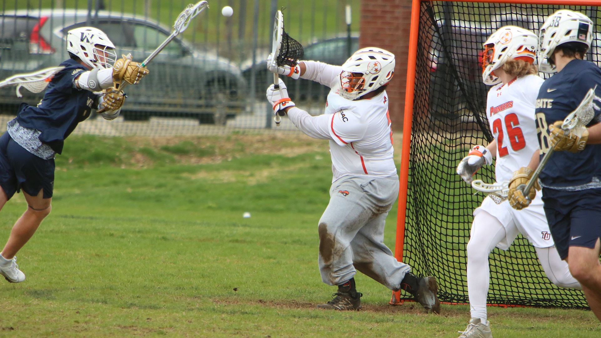 Brenden Pecora made a season-high 24 saves in goal for the Pioneers against Wingate (photo by TU Athletic Communications)