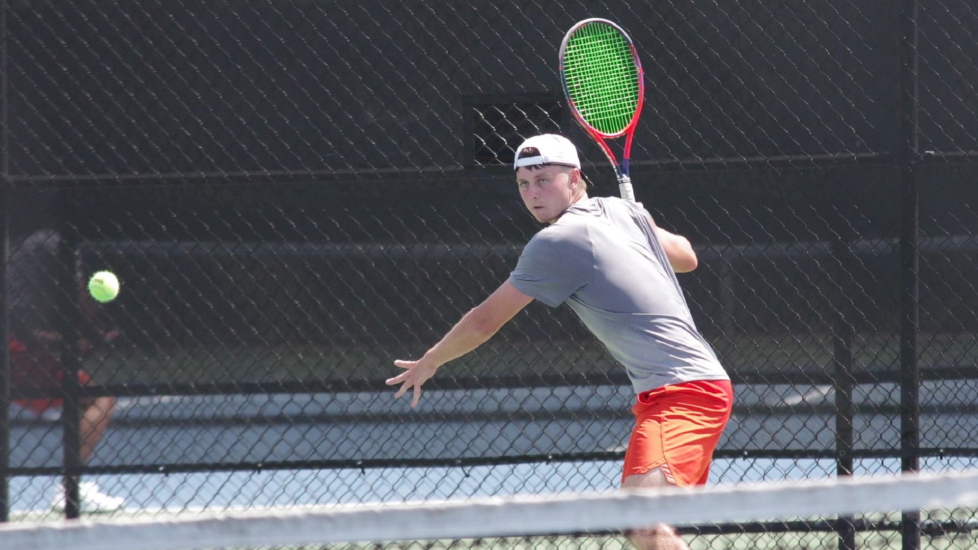 Rhodri Atkinson came from a set down to earn the clinching point for the Pioneers against Carson-Newman (photo by Chris Lenker)