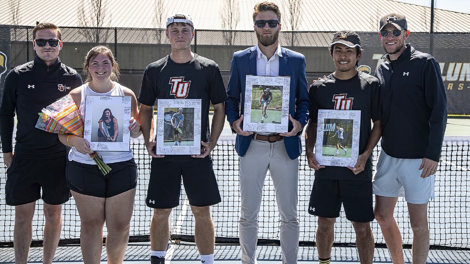 Seniors Chelsea Daugherty, Rhodri Atkinson, Frank Bonacia and Kenta Kondou celebrate with coaches Jacco Mensinga and Matt Frost prior to the match (photo by Chuck Williams)