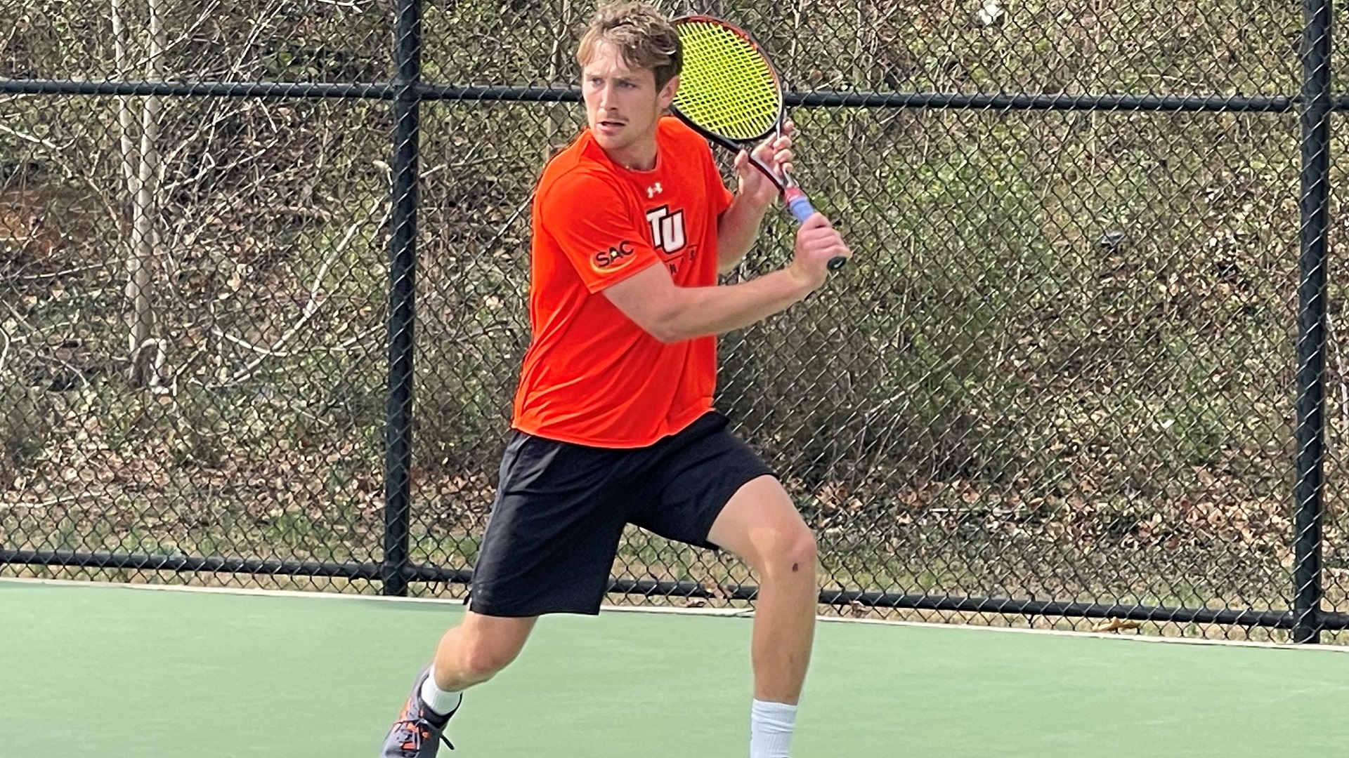 Miles Ray teamed with Anton Krondell for a doubles win, and earned a 6-0, 6-4 victory in singles against Coker (photo by Jim Miller)