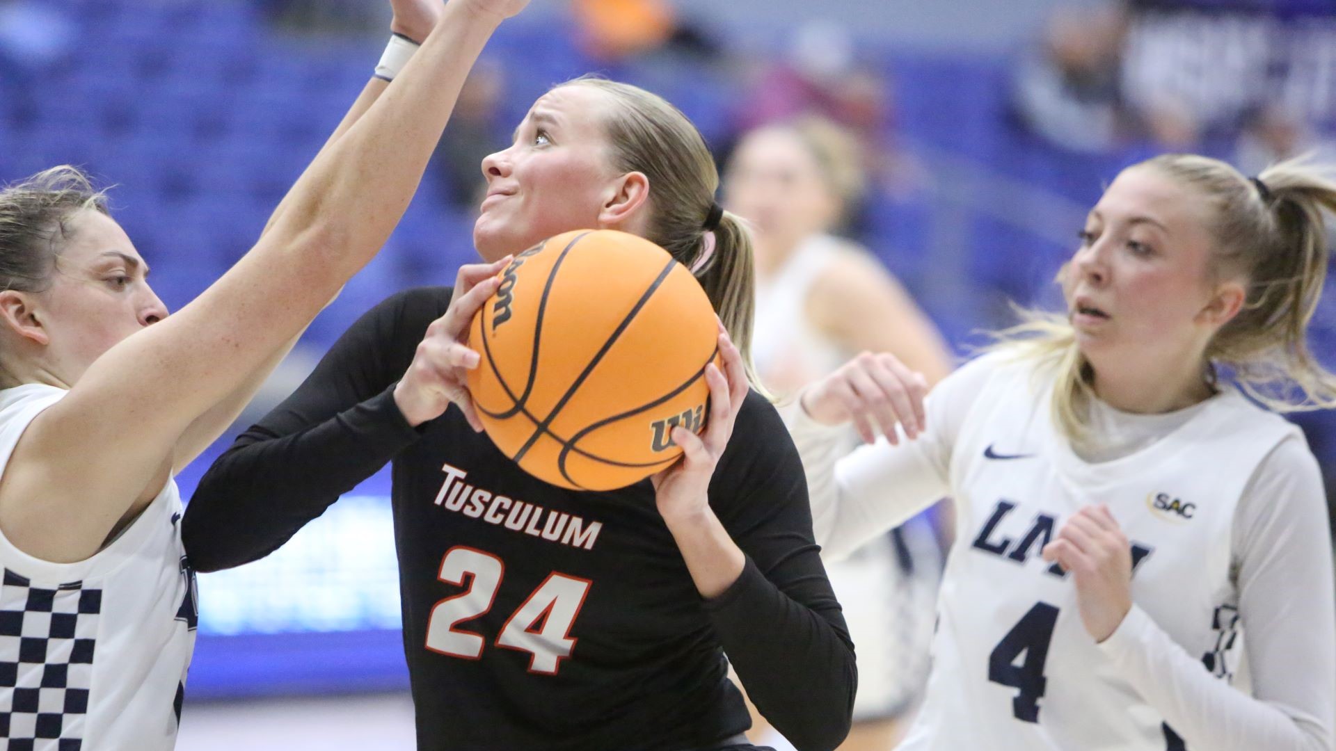 Abbi Douglas scored a season-high 16 points for the Pioneers at Lincoln Memorial (photo by Dom Donnelly)