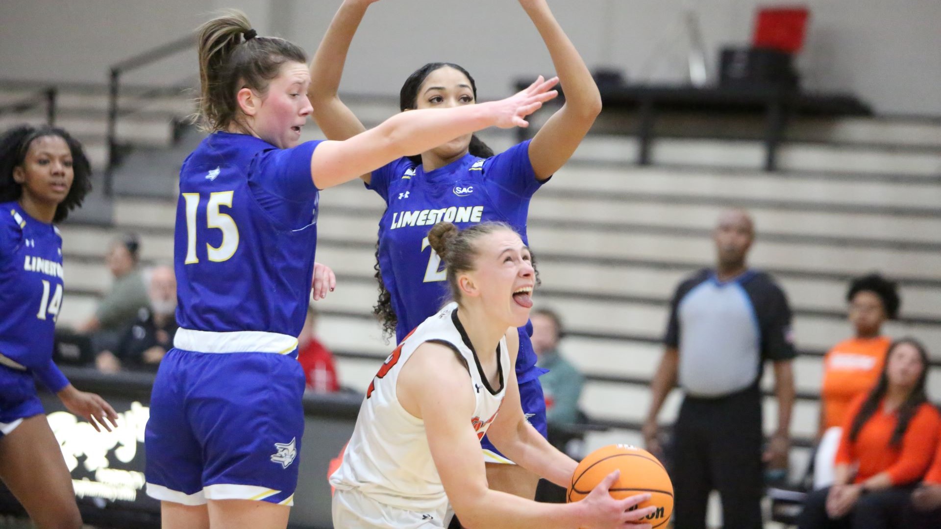 Zoe Sharpe converted on this putback for two of her season-high nine points against Limestone (photo by Dom Donnelly)