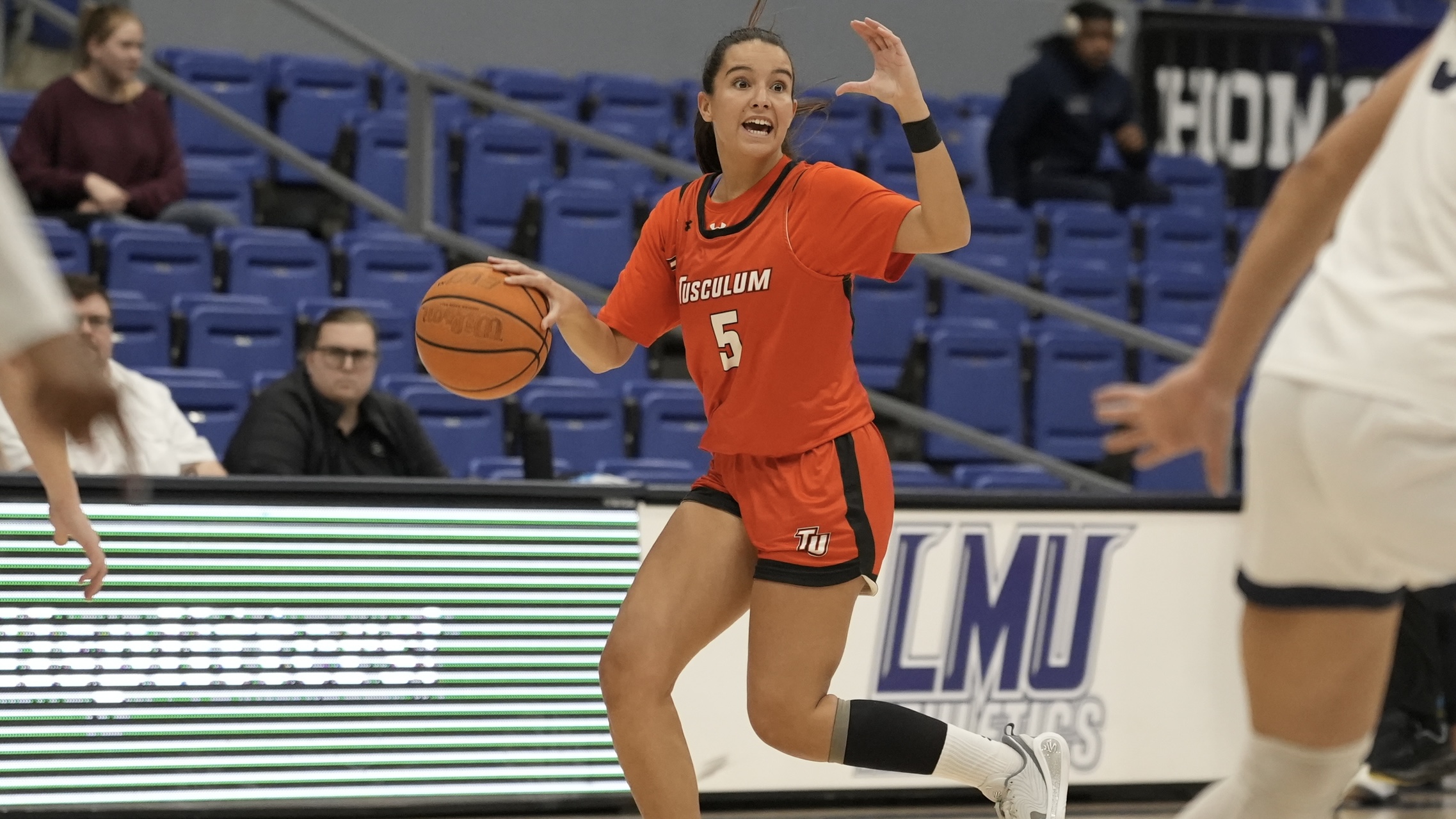 Angela Gomez led the Pioneers with 11 points at Lincoln Memorial (photo by Joe Yates)