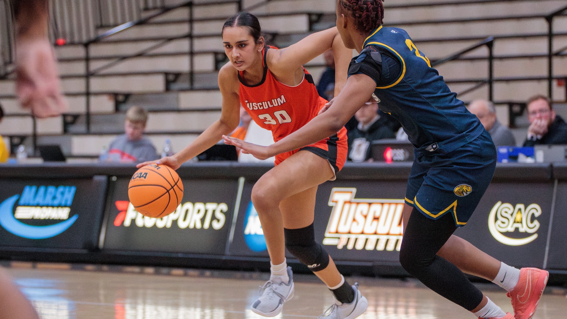 Aisha Patel hit two three-pointers for the Pioneers against Coker (photo by Kari Ham)