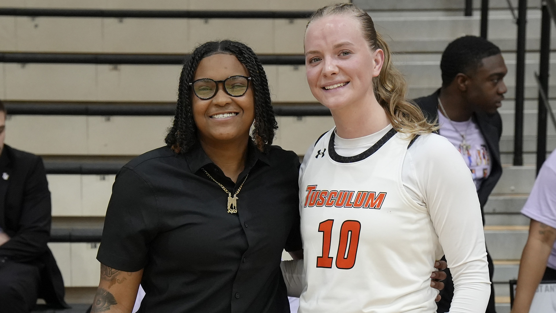 Student assistant coach Sariah Johnson (left) and guard Abbi Douglas (right) were recognized on Senior Day (photo by Joe Yates)