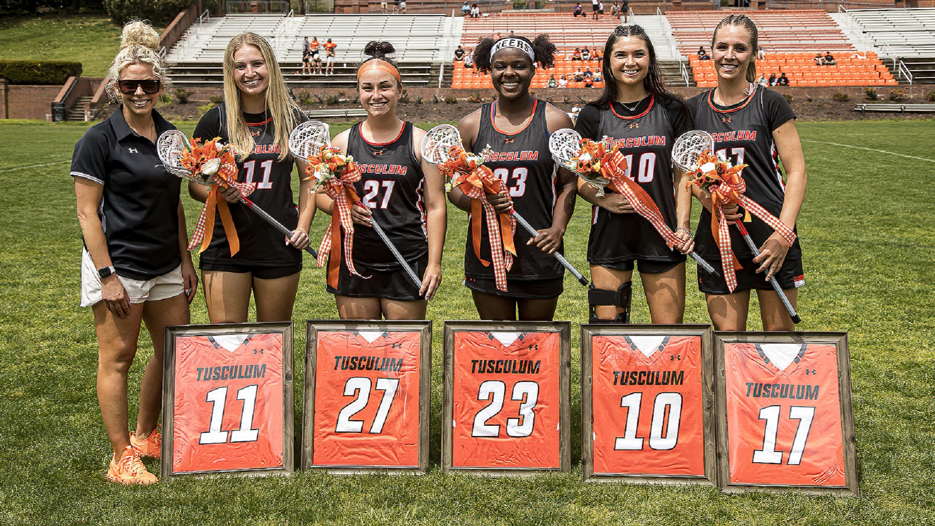 Pioneer coach Jenna Agostino celebrates with seniors Natalie Dagley, Sophia Sesi, Kamryn McNeil, Kylie Marek and Tia Daniel (photo by Chuck Williams)