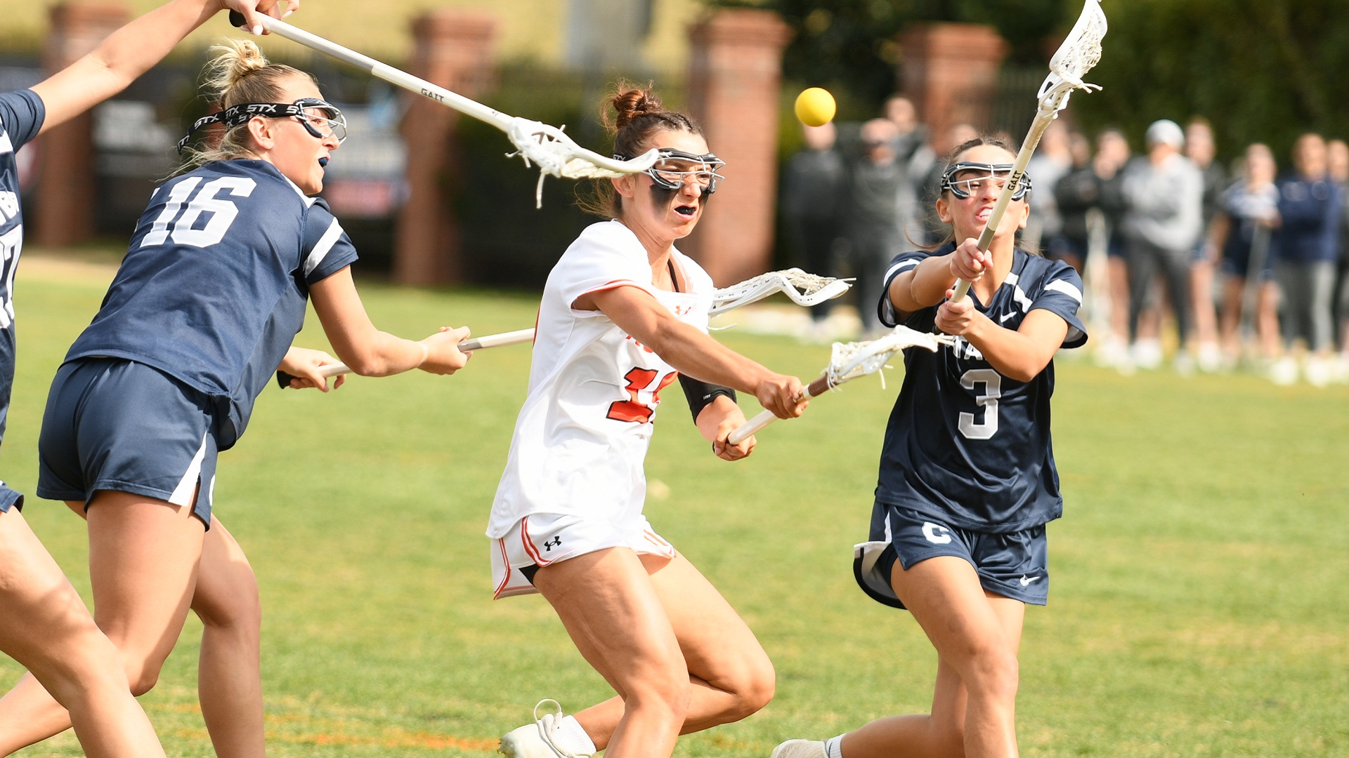 Liberty Jones had three goals, four draw controls and four caused turnovers against Catawba (photo by Syndee Lee)