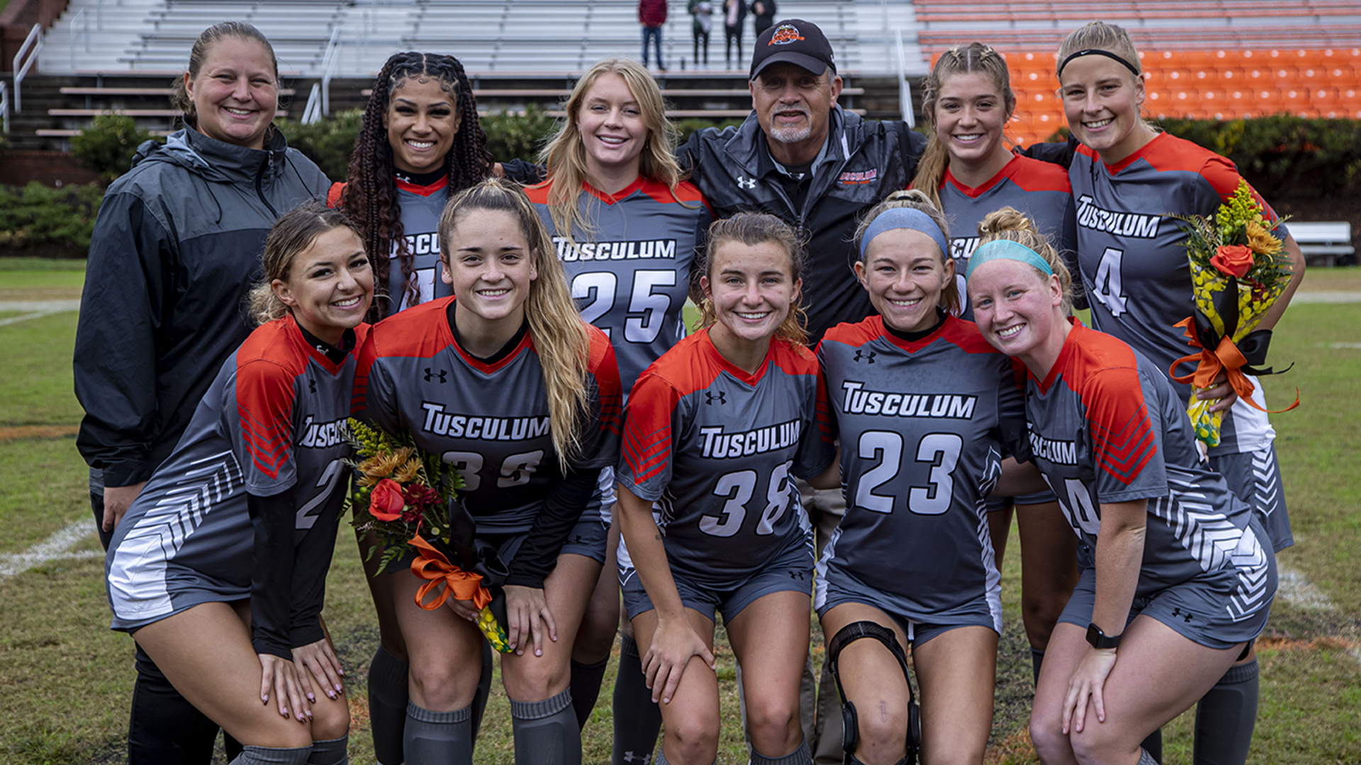 Tusculum's nine seniors celebrate Senior Day festivities before the match (photo by Chuck Williams)