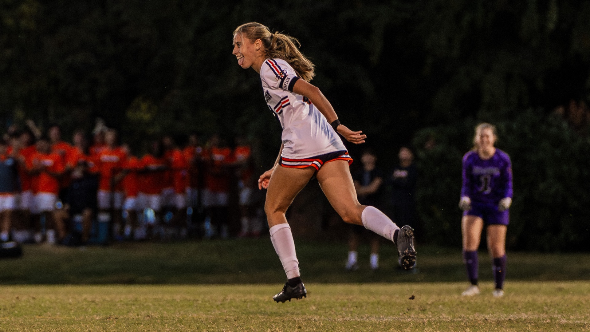 Marja Enste celebrates her game-winning free kick against Emory & Henry (photo by Kari Ham)