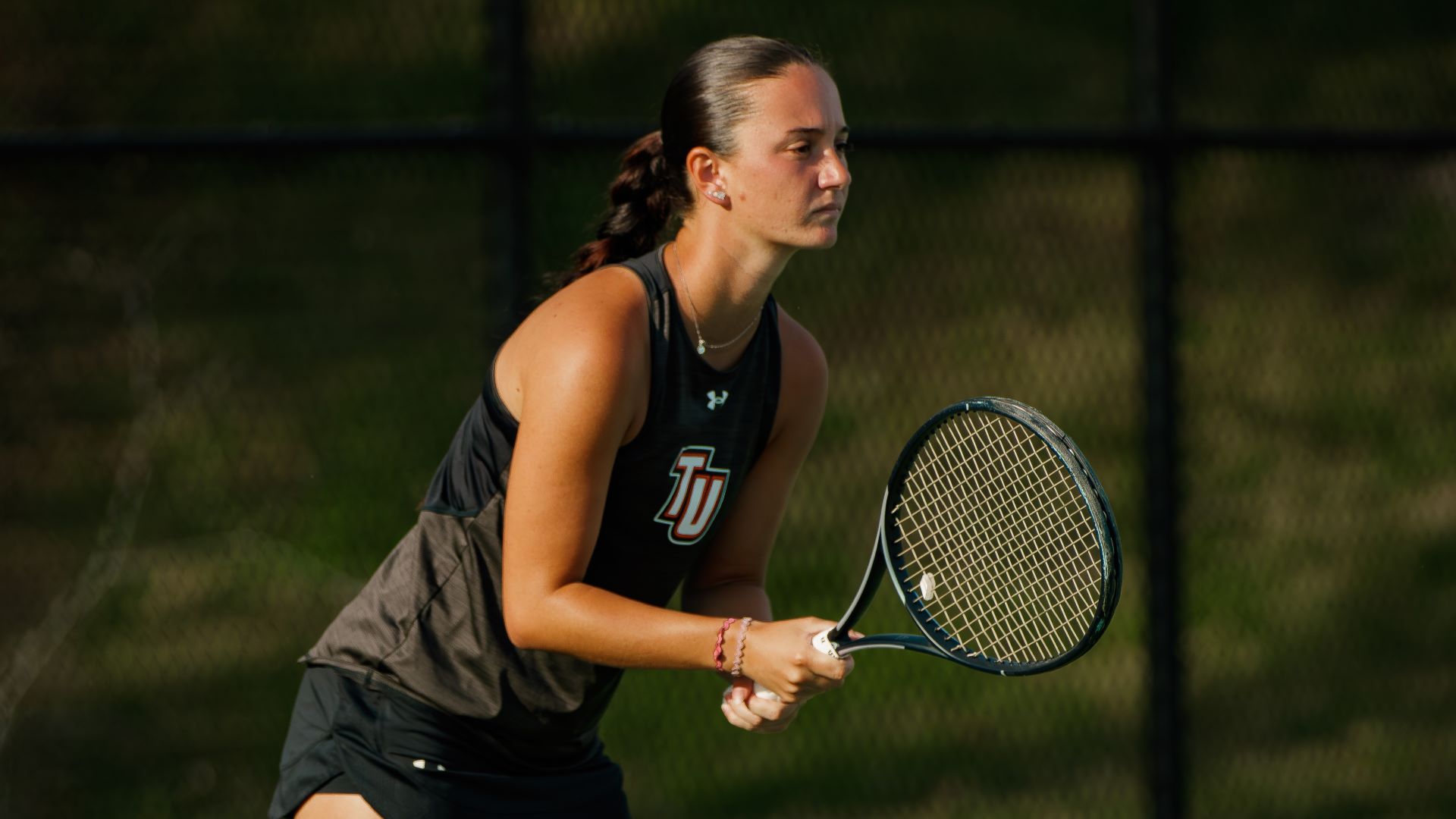 Carla Guasch waits to return a serve against Carson-Newman (photo by Kari Ham)