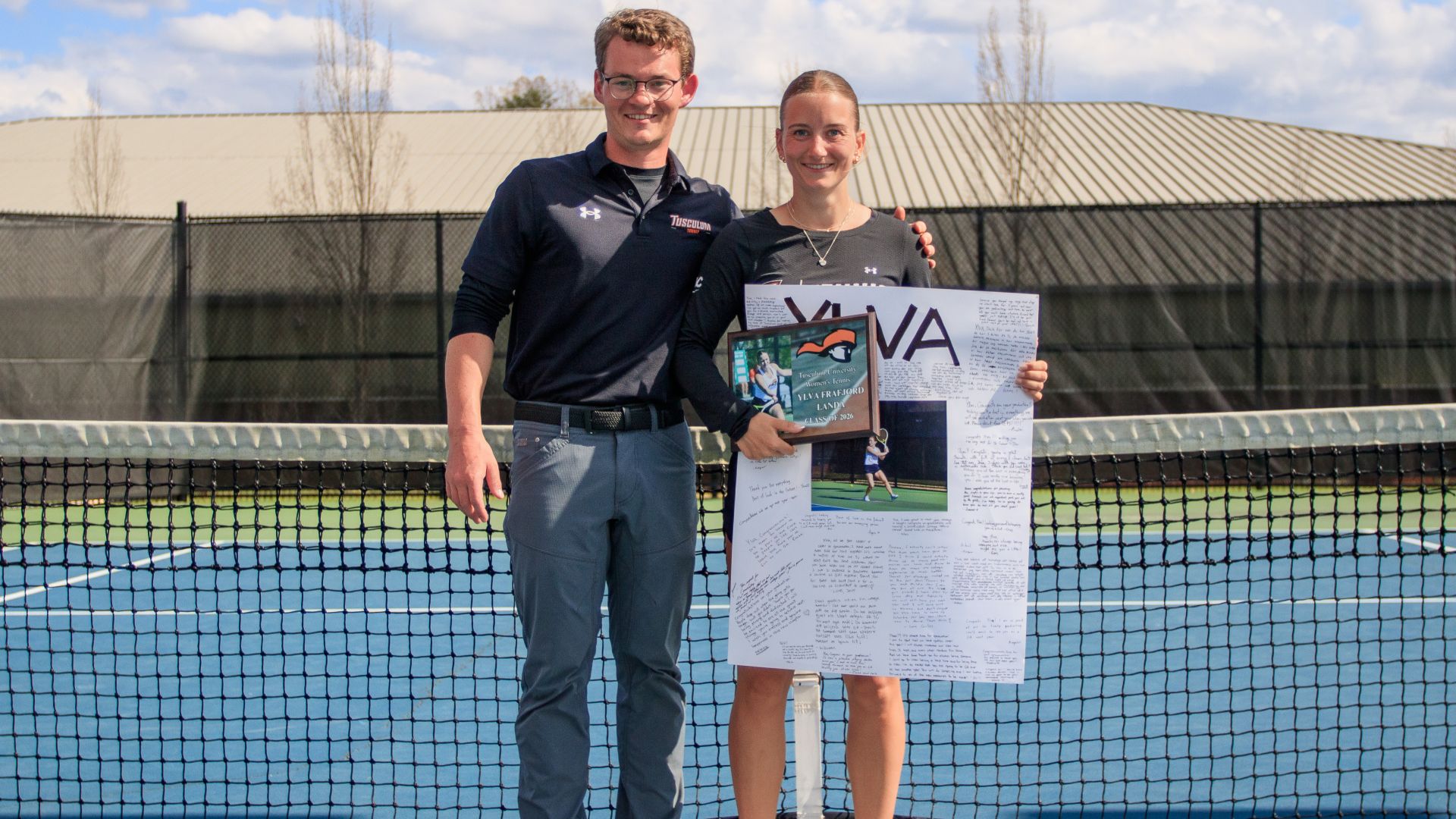 Ylva Frafjord Landa is joined by head coach Wyatt Pauley during Senior Day festivities (photo by Kari Ham)